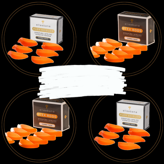 A view of four sets of Elleebana Lash Lift products, including rods and shields that help create a lash lift system.