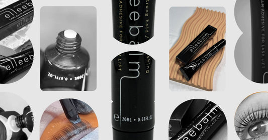 A collage of black lash adhesive tubes, eyelash closeups, applicator tips, product boxes, and curved cutouts.