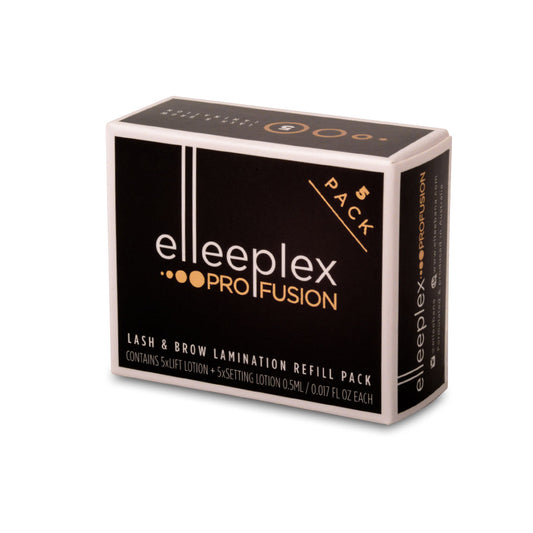 A black and white Elleebana Profusion lash and brow lamination refill pack box displayed on a plain white background.
