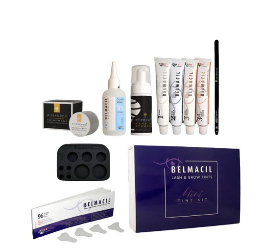 Belmacil mini lash and brow tint kit displaying tint creams, remover, developer, brush, palette, and eye pads.