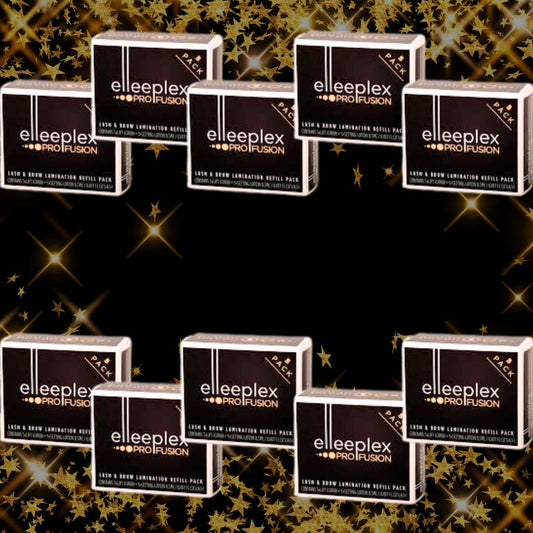 Multiple Elleeblex ProFusion product packs surround an open black center decorated with shimmering gold stars.